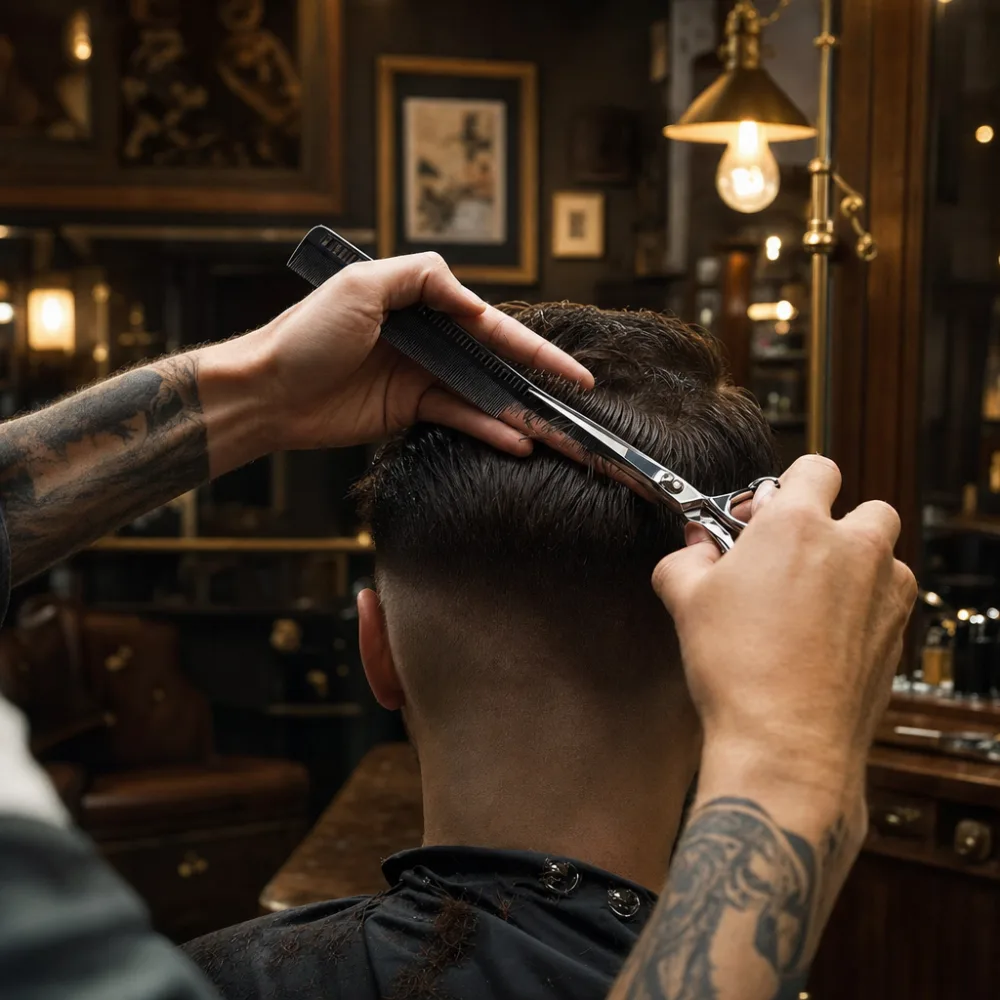 Barber finishing a classic taper cut at Copper Comb Barber Co.