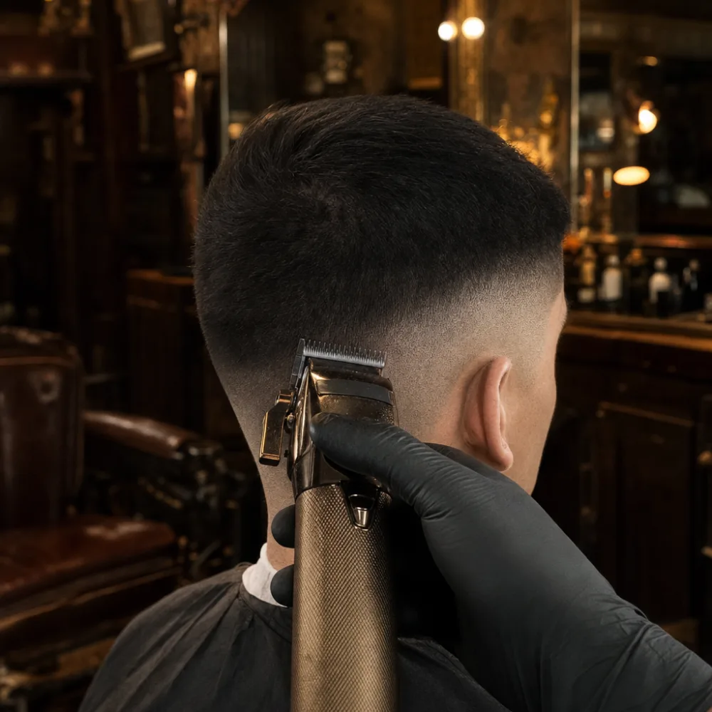 Close-up of a crisp skin fade in progress