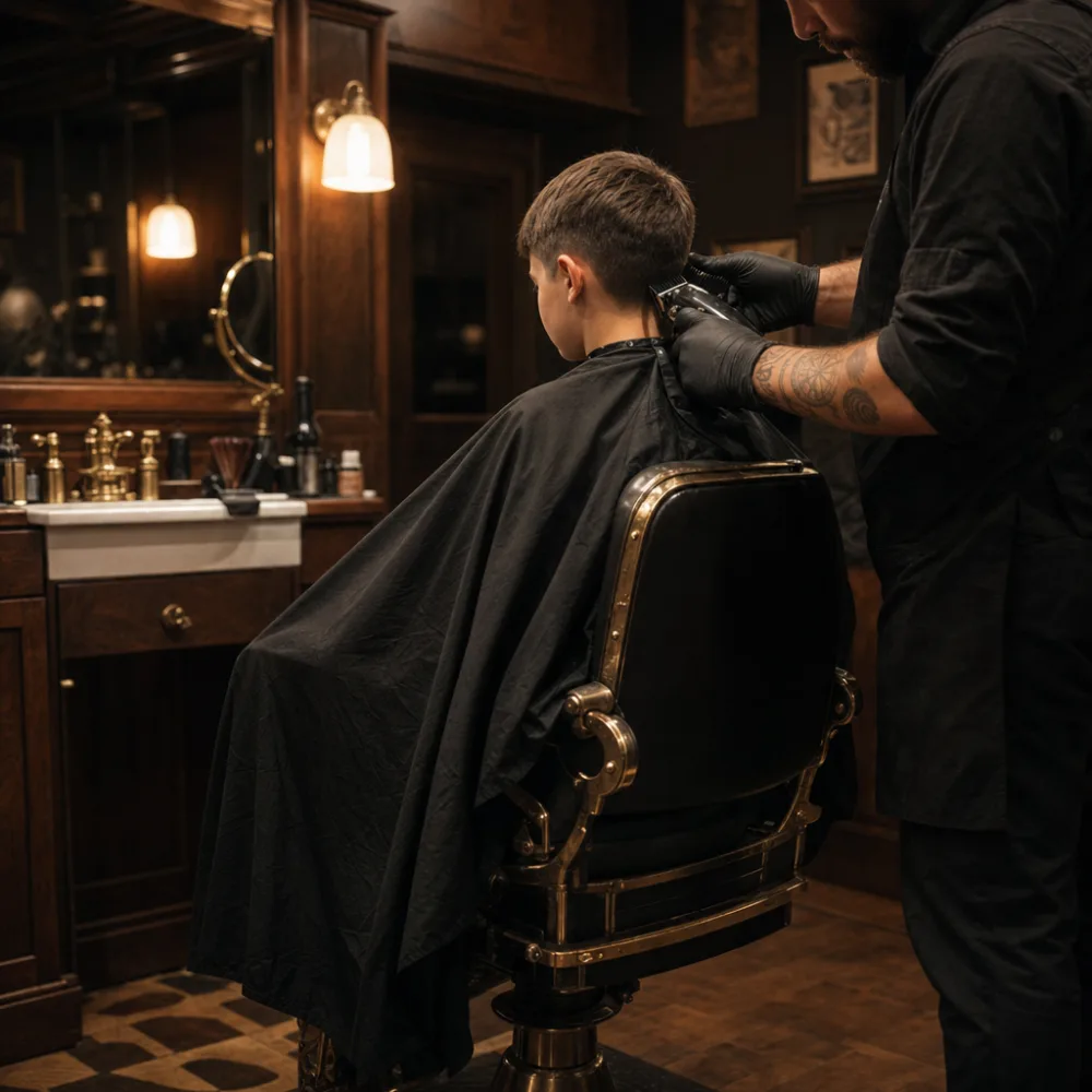 Young customer getting a haircut in a barber chair